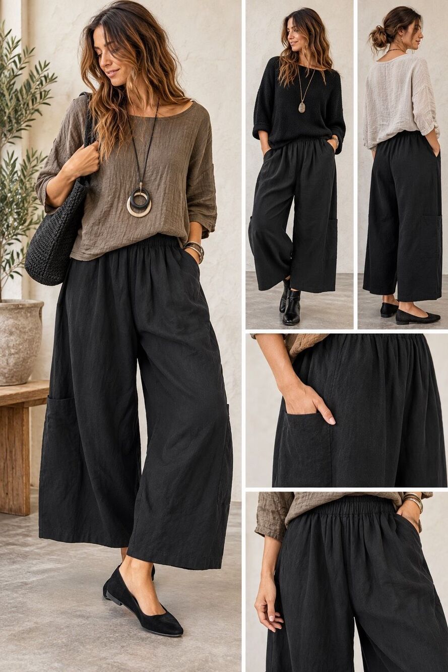 Bryn Walker Casbah Pants M Black 100% Linen Cropped Lantern Wide Leg Utility Lag
